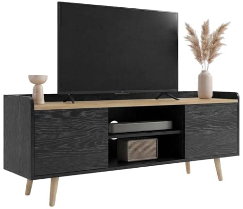 Image of Blisswood 112cm TV Stand Cabinet for up to 43–50 Inch TVs, Modern TV Unit with Storage & Open Shelf, Wooden Legs Entertainment Console Table for Living Room & Bedroom, Black & Oak