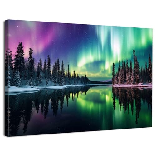 Image of Northern Lights Wall Art Aurora Borealis Wall Pictures Winter Forest Lake Reflection Canvas Prints Nordic Scandi Nature Landscape Wall Decor for Living Room Bedroom Office Home Decoration 30x40cm