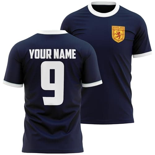 Image of Personalised Scotland Badge Mens T Shirt Name and Number Scottish Coat of Arms Football Tee, XXL, Navy/White