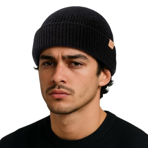 Image of TOP-EX 100% Merino Wool Fisherman Beanie Hat Men & Women, Thermal Wool Hats, Unisex Winter Cap Trawler Knitted Cuffed Hat for Outdoor Running Golf - City Black M/L