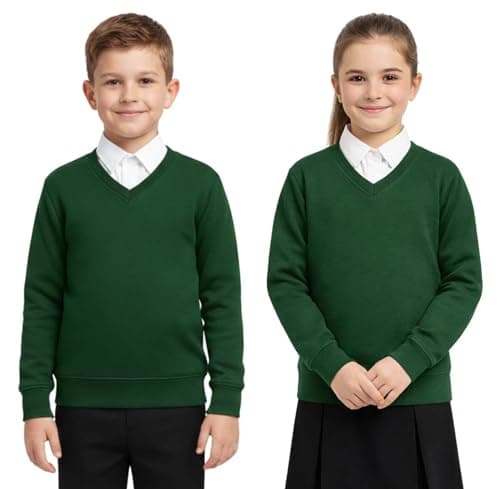 Image of Bahob® 2 Pack Boys Girls Unisex School Jumper V Neck Fleece Sweatshirt Uniform Back to School 5-14 Years (Green, 13-14 Years)
