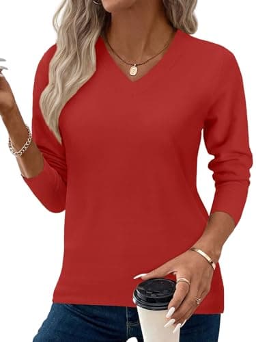Image of Yutdeng Sweaters for Women UK Long Sleeve V Neck Tops Ladies Cashmere Jumpers Soft Warm Pullover Knitted Sweatshirt Loose Casual Plain Jumpers for Winter Fall Spring,Red,M