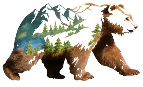Image of Resama Metal Bear Forest Pine Tree Wall Art Bear Peak Natural Scenery Wall Sign for Home, Wildlife Hunting Home Hanging Decorations for Living Room, Bedroom Kitchen Bathroom (Light Brown)