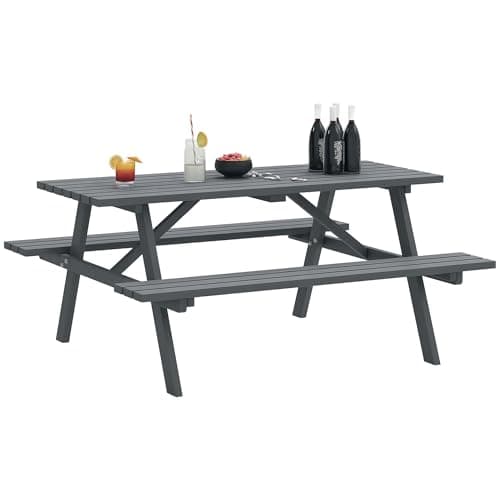 Image of Outsunny 6 Seater Wooden Picnic Table Bench for Outdoor Garden or Patio with Parasol Cutout 150 cm Grey