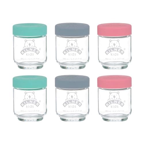 Image of Kilner Kids Glass Baby Food Jars Set of 6 x 190ml Reusable Glass Jars with Airtight Silicone Lids in Purple, Yellow, and Turquoise Ideal for Homemade Purees, Batch Cooking and On-the-Go Storage