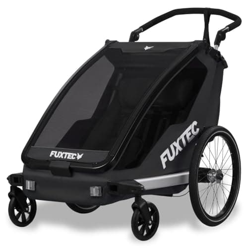 Image of FUXTEC FX-FA1 Sportfux Bike Trailer for 2 Kids | 2 Seater Child Bicycle Trailer & Buggy | Foldable Design | Push Handle | Rain & Sun Cover | Rear Storage Bag | Black FX-FA1