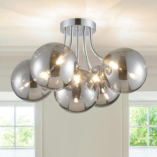 Image of Modern Bubble Ceiling Lighting Fixture, 5-Light Flush Mount Chandelier, Glass Globe Ball and Chrome Canopy, W50 xH30 cm, Flush Mount Ceiling Light for Living Room Bedroom Dining Room, G9 Socket