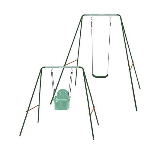 Image of Plum 2 in 1 Growable Garden Swing Set with 2 Interchangeable Swing Seats Included for Safe Outdoor Active Play for Babies and Children, Adaptable Robust Steel Frame to Grow with Your Child (Green)