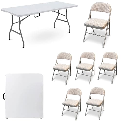 Image of Crystals White Folding Table with Deluxe Fabric Padded Metal Folding Chairs - Folding Camping Chair & Table Set, Outdoor, Dining, Trestle, Portable Furniture (6ft Table with 6 Chairs)