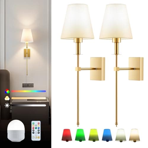 Image of Warmiehomy Battery Operated Wall Lights Set of 2, Rechargeable Wireless Wall Sconces with Remote & Dimmable Bulb, 16 RGB Colors & 3 Color Temperature, Cordless Wall Lamp for Living Room Bedroom, Gold