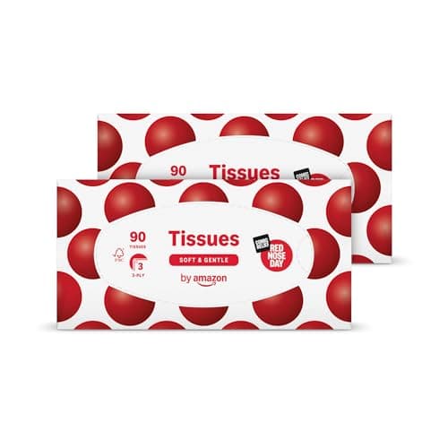 Image of by Amazon Red Nose Day Facial Tissues, 3-ply 90 Sheets, Twin Pack (2 Pack), Lotioned tissues – on Behalf of Comic Relief