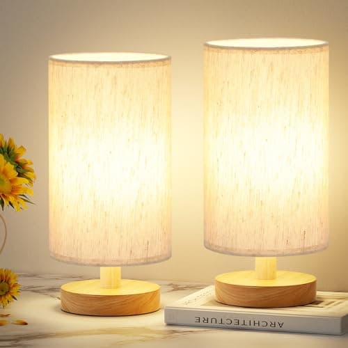 Image of Aooshine Small Table Lamps Set of 2 for Bedroom, Minimalist Bed Lamp with Round Fabric Linen Shade(Bulbs Included)
