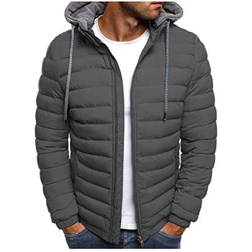 Image of Down Jacket Men's Lightweight Quilted Jacket Warm Winter Jacket with Hood Plain Puffer Jacket Winter Transition Jacket Zip Down Coat Men's Jacket Quilted Coat Hooded Jacket Pockets Coat 3XL, #03 Gray