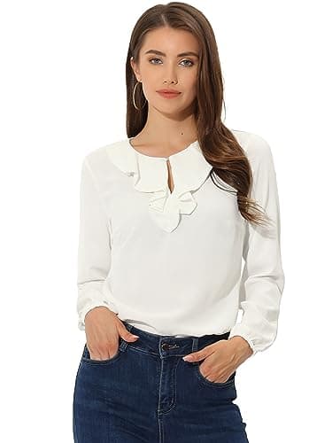 Image of Allegra K Women's Ruffle Neck Long Sleeve Vintage Polka Dots Blouse Shirt White Black 12