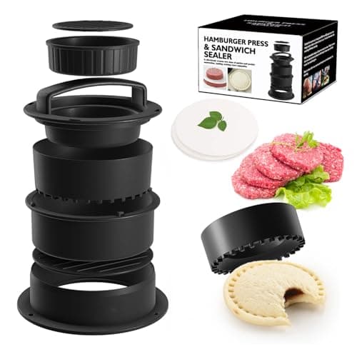 Image of 4 in 1 Burger Press, Hamburger Press & Sandwich Cutter and Sealer Set With 100Pcs Wax Paper, Non-Stick Patty Makers, Kitchen BBQ Tool for Grilling, Sliders, Beef Burgers and Camping Cooking