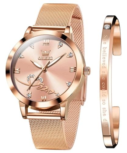 Image of OLEVS Ladies Watches Rose Gold Mesh Strap Fashion Dress Quartz Waterproof Luminous Female Wrist Watches for Women Bracelet Sets