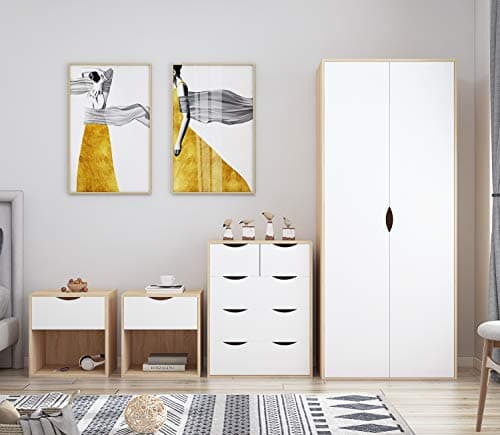 Image of AFN Home Delvito 4 Piece Bedroom Furniture Set - Includes Wardrobe, 5 Drawer Chest, Bedside Cabinet (White on Oak)