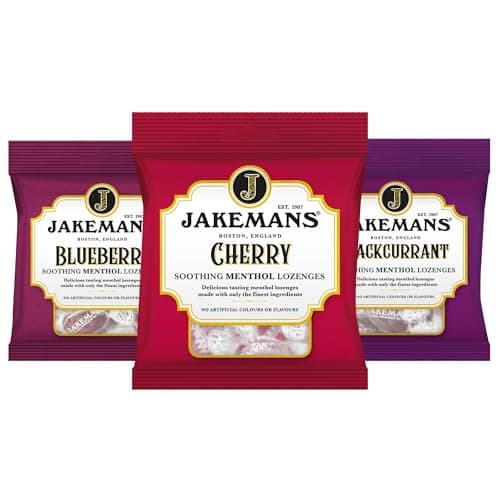 Image of Jakemans Soothing Menthol Lozenges Cough Drops – Blueberry, Cherry & Blackcurrant Flavours – Refreshing Cough Sweets for Dry Cough and Irritated Throat & Chest – Fruit Menthol Drops Variety Pack