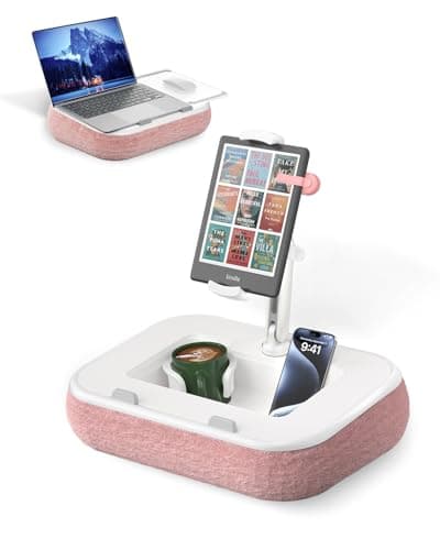 Image of Viozon Tablet Pillow Stand, Kindle Holder & Lap Desk, Compatible with 4.7~13" Tablets/Phones & 10~15" Laptops, Silicone Cup Holder, Snack Bowl, Magnetic Mouse Pad & Detachable Quick-Release Arm, Pink