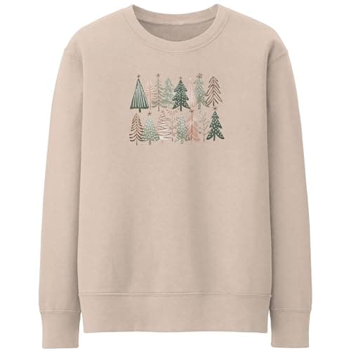 Image of Purple Print House Retro Christmas Trees Sweatshirt For Women Winter Walks Xmas Jumper Day Ladies Festive Sweater, S, Natural Stone