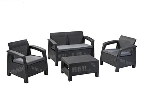 Image of Keter GF06784 Corfu Outdoor 4 Seater Rattan Sofa Furniture Set with Accent Table - Graphite with Cream/Mushroom Cushions