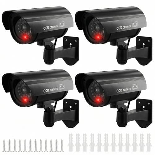 Image of QWORK® 4 Pack Black Dummy Security Cameras with Red Flashing Light, Waterproof Bullet Shape, Outdoor Indoor Use, Includes CCTV Signs and Screws, No Batteries Included