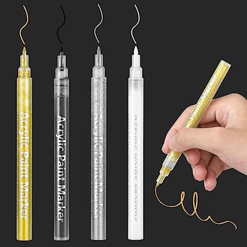 Image of DONQL 4Pcs Acrylic Paint Pen 0.7mm Metallic Permanent Acrylic Markers Set Glass Glitter Paint Pens for Fabric Glass Rock Wooden Ceramic Leather (1 gold+1 silver+1 black+1 white)