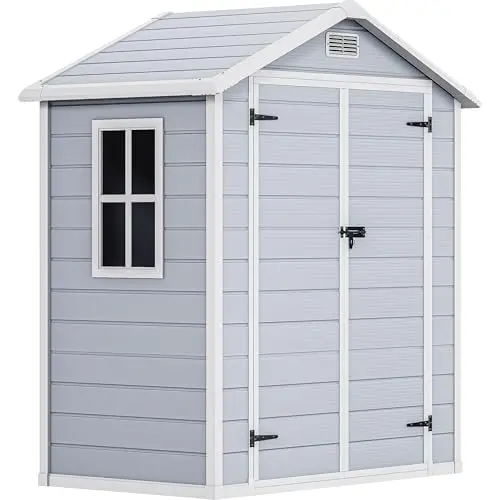 Image of DWVO 6x4 FT Outdoor Resin Storage Shed with Reinforced Floor, All-Weather Bike Storage Shed with Lockable Door, Window and Vent, Waterproof Plastic Tool Storage for Garden, Backyard, Patio, Lawn,Gray