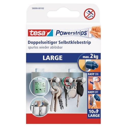 Image of tesa Powerstrips Large, Self-Adhesive Strips - Double-Sided Strips Suitable for Flat and Smooth Surfaces - Holds Objects up to 2 kg - Pack of 10 Powerstrips