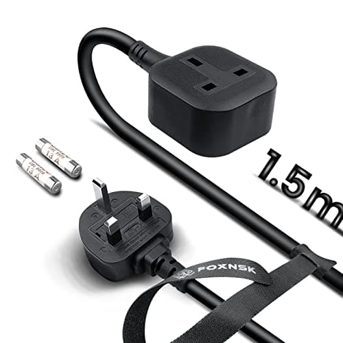 Image of FOXNSK Single Plug Extension Lead 1.5M, 1 Way Gang Single Socket Extension Lead Surge Protected, 13amp 250V 3kw UK 3 Pin Fused Mains, Rubber, Tough and Fireproof, Black
