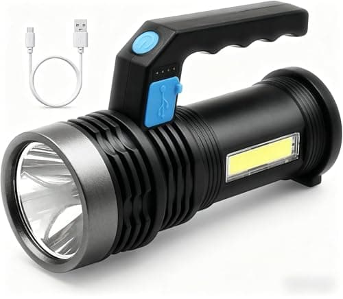 Image of Lookka LED Torch USB Rechargeable, Super Bright Lantern Light with Handle and COB Work Light, 4 Modes Waterproof Searchlight for Camping, Hiking, Home,Farm,Hunting and More (b)