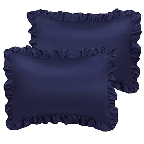 Image of sourcing map Luxury Satin Oxford Pillowcases, Pair of 2 Navy Ruffled Pillow Shams 20 x 26 inch with Envelope Closure, Standard Size Pillow Cases Covers