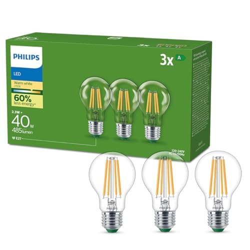 Image of Philips Ultra Efficient - Ultra Energy Saving Lights, E27 LED Light Source, 40W, A60, Warm White, Pack of 3, Clear