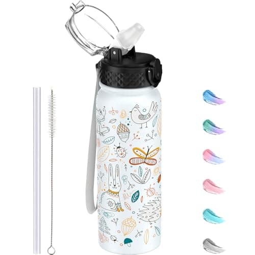 Image of GOPPUS 600ml/20oz Stainless Water Bottle with Straw Double Wall Insulated Bottles with Strap One Hand Open Vacuum Thermal Flask Leakproof Keep Cold Bottles with Flip Top Lid BPA Free (White Animal)