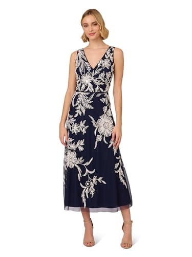 Image of Adrianna Papell Women's Beaded Sleeveless Dress, Navy/Ivory, 12