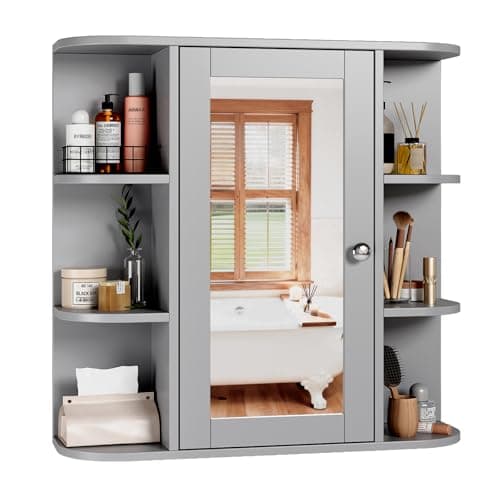 Image of Bonnlo Bathroom Mirror Cabinet, Bathroom Cabinets with Storage Mirror, Wall Mounted Storage Cupboard with Adjustable Shelves, Single Door Display Organizer Unit for Living Room, Bedroom,Grey,57x60cm