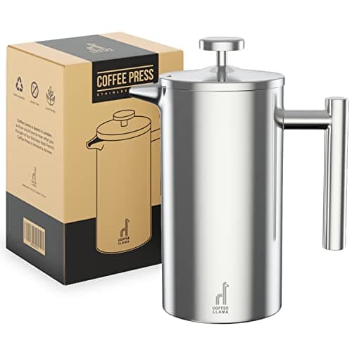 Image of Coffee Llama™ French Press | 1 Litre | 8 Cups Cafetiere Doubled Walled Portable Stainless Steel Coffee Press for Home, Travel & Camping with 3 Extra Filters
