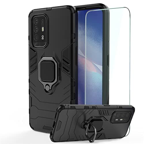 Image of DESCHE Case for OPPO A94 5G, Cover with Tempered Glass, Shockproof Armour Phone Case with 360° Rotating Stand is compatible with OPPO A94 5G - Black