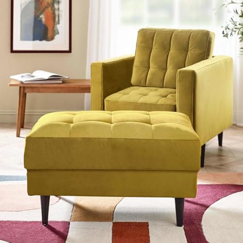 Image of Furniturebox UK Joni Mustard Yellow Velvet Footstool – Modern Upholstered Yellow Fabric Ottoman Stool with Black Wooden Tapered Legs – Square Stitching Design – Stylish Living Room Furniture