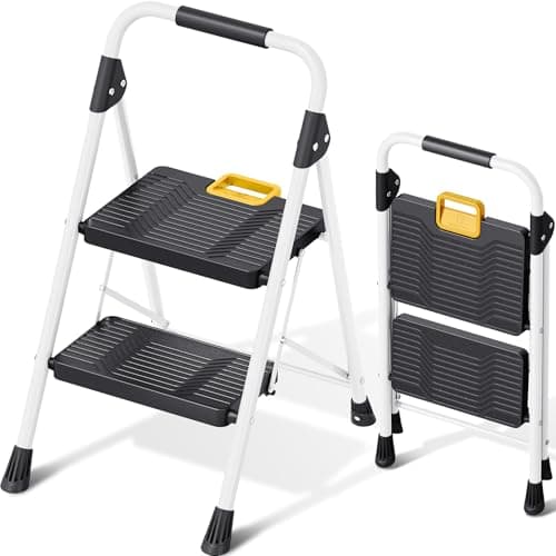 Image of KINGRACK 2 Step Folding Ladder, 800lbs Capacity Step Stool with Safety Lock, Non-Skid Wide Pedals, and Handrail, Lightweight, Household Ladder for Home, Kitchen, Pantry, Closets, and Office Use, White