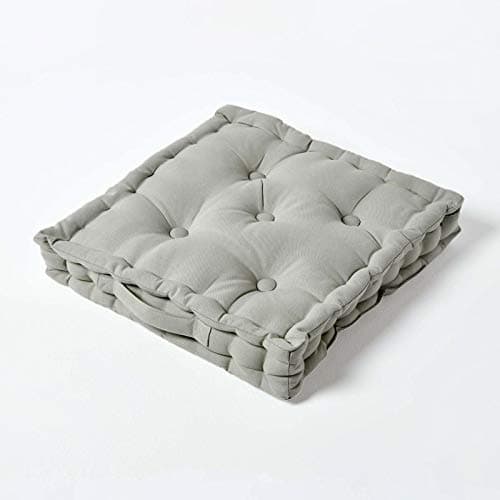 Image of HOMESCAPES Luxury Floor Cushion Plain 100% Cotton Grey 40 x 40 x 8cm, Booster Cushion Seat Chair Pad Dining Thick & Plush Garden Floor Pillow for Kids Elderly Pets Indoor Outdoor Use