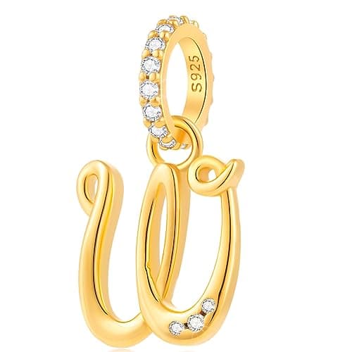 Image of Alphabet CZ Letter W Pendant Charm, 18K Yellow Gold Plated 925 Sterling Silver Initial W Dangle Beads fit Pandora Wedding Anniversary Bracelet, Gift for Bride Bridal/Wifey/Sister