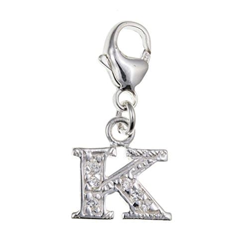 Image of Capital Letter K Alphabet Initial 925 Sterling Silver Clip On Charm Pendant with CZ Cubic Zirconia Stones for Women - Letter Charms Compatible with Thomas Sabo Charms Bracelet Necklace