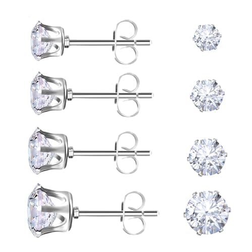Image of 4 Pairs Silver Studs Earrings for Women Cubic Zirconia Diamond Earrings Surgical Steel Ear Studs for Women Men Cartilage Earrings 3A Cubic Zirconia Size 3/4/5/6mm