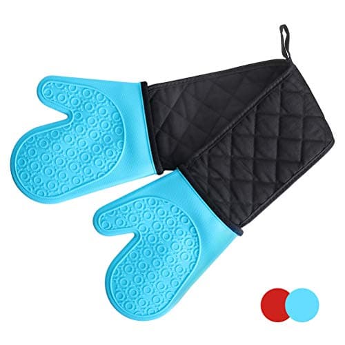 Image of Alimat PluS Double Oven Gloves Mitts - Heat Resistant Silicone Oven Gloves Non-Slip with Cotton Lining for Kitchen, Baking, Cooking, Microwave (Blue)
