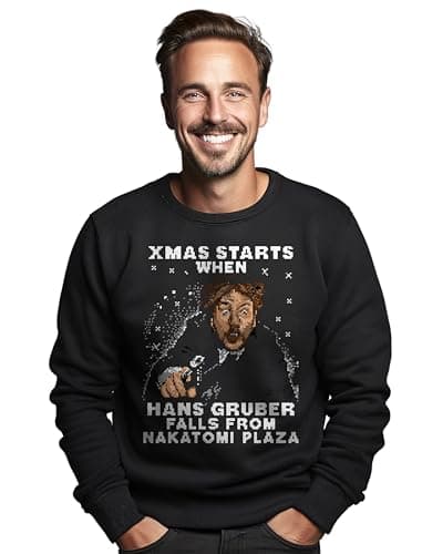 Image of PrintBar Hans Gruber Christmas Jumper - Funny and Festive Sweater! Perfect for Die Hard fans. Yippee Ki Yay, Merry Christmas! Black