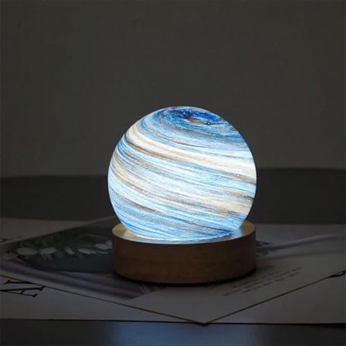 Image of Earth blue Planet Glass Ball Lamp with Wooden Base Three-color Dimming Design Swirl Planet Table Lamp Suit for Bedroom Nightstand Living Room USB Plug