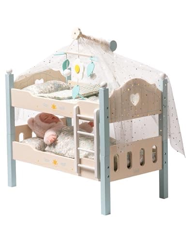 Image of ROBUD Wooden Doll Beds Bunk for 18 inch Dolls, 2-In-1 Baby Doll Cot Wooden Toy Bed Accessories for Pretend Role Play Toys Cot for Kids Babies