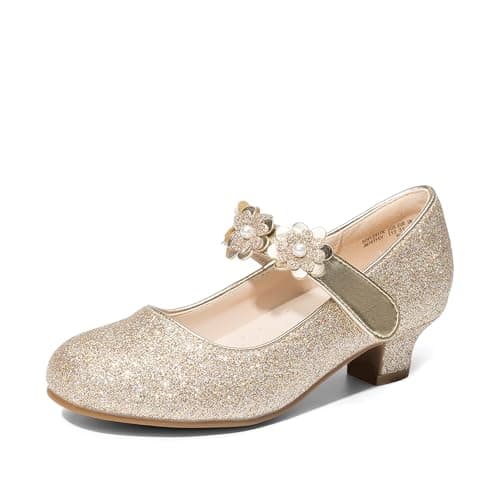 Image of DREAM PAIRS Girls Mary Jane Shiny Bow Dress Shoes Pumps Low Heels Flower Glitter Party Wedding Princess,Size 12 Little Kid,Light Gold,SDFL2317K
