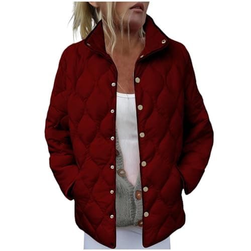 Image of AnnSemo Womens Quilted Jackets Winter Casual Plain Coats Long Sleeve Lightweight Jackets for Women UK Stand Collar Button Up Outerwear Ladies Padded Coats with Pockets